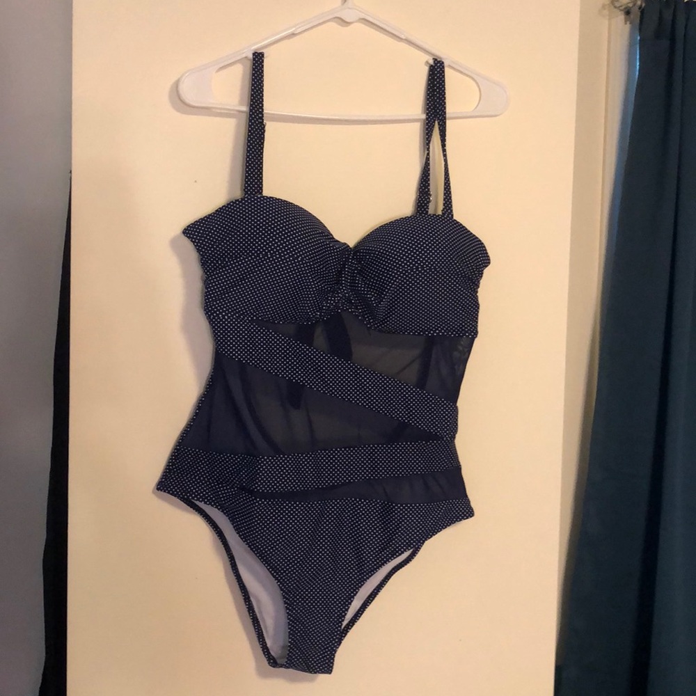 Blue and white polkadot swimsuit XXL